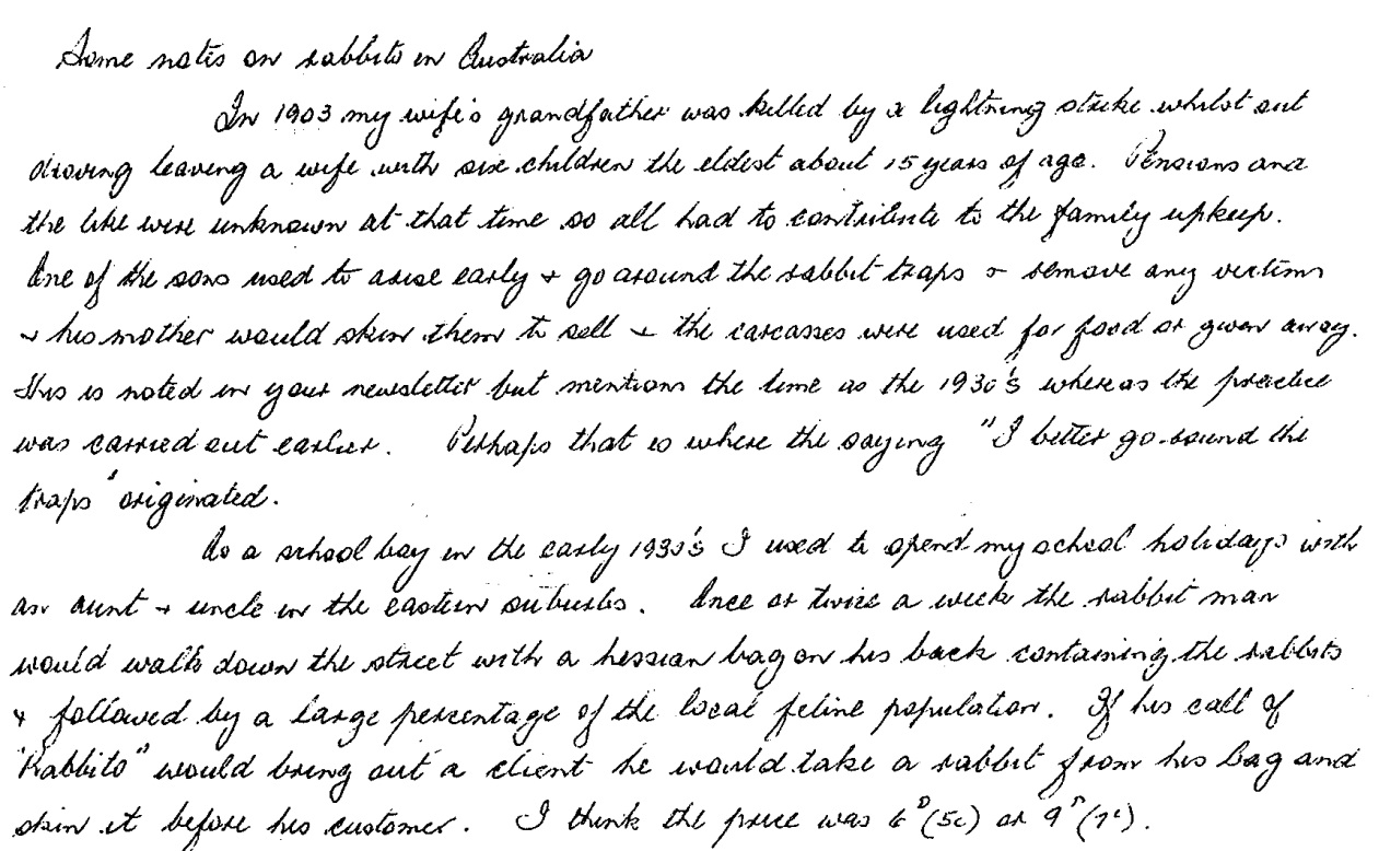 Mr Hanley's handwritten notes on rabbits in Australia.