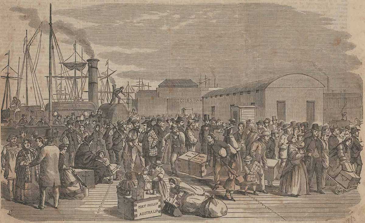 Drawing or print of a large crowd of people embarking or disembarking ships in a busy port.