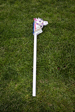 A hobbyhorse on some grass.