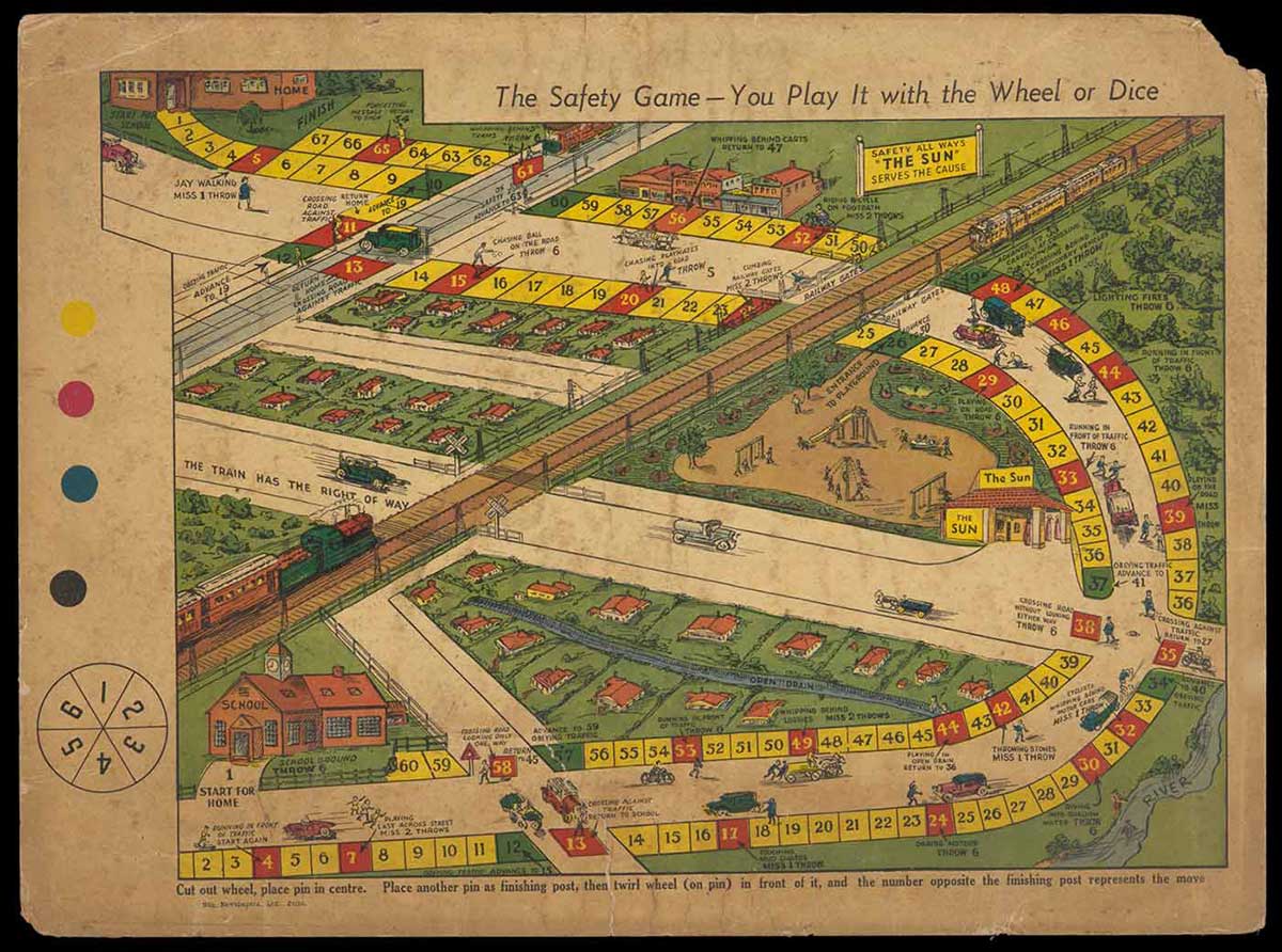 Board game showing houses on a suburban streets, with game squares numbered to 67, and a central railway line. - click to view larger image