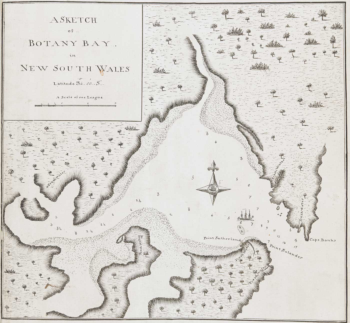 A map of Botany Bay in New South Wales which features illustrations of landmass with trees and coastal edges surrounding a bay. There is a sketch of a ship in the bay and numbers surrounding it. At the mouth of the bay is the text ‘POINT SUTHERLAND, POINT SOLANDER AND CAPE BANKS’. - click to view larger image