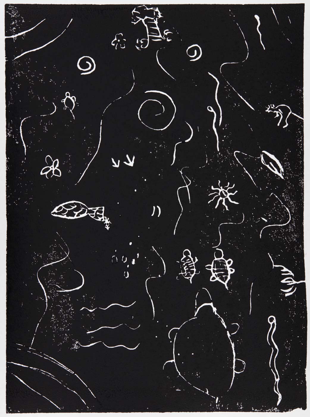 Print, black ink on white paper, depicting ocean creatures. Annotated in pencil 'Carmen' - click to view larger image