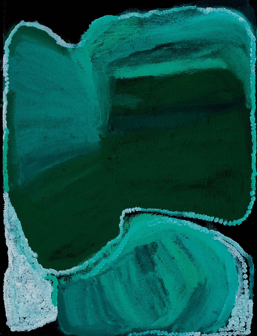 A rectangular painting on brown linen of two turquoise-dark green shapes edged with white dotted paint and a white dot filled shape at both bottom corners. The top shape is turquoise at the top and merges into dark green in the lower half of the shape. - click to view larger image