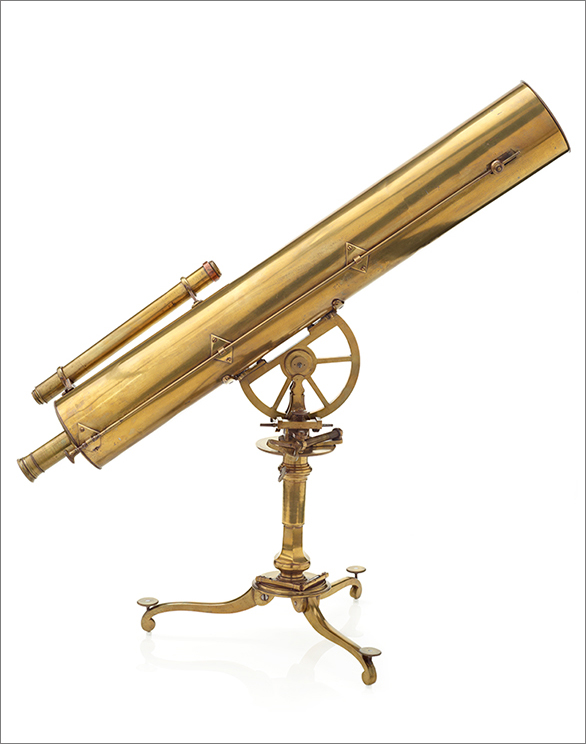 Side view of a brass telescope mounted on a stand with three feet.  - click to view larger image