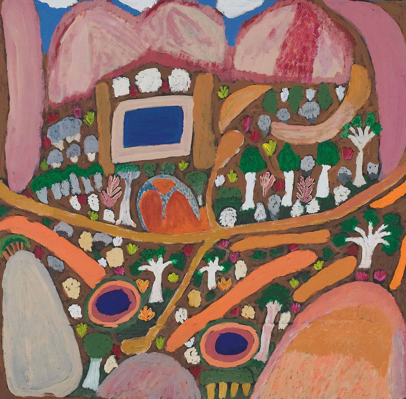 A square multicoloured painting on canvas with a blue rectangle outlined in beige towards the centre. Behind it are pink toned mountain-like shapes with a blue sky and white clouds. The painting has tree motifs in white and green, and bush like shapes in green with three large and a few small orange, grey and cream rock-like motifs around and below the blue square. The painting has an orange-brown line across the painting with other diagonal lines extending from or below it. There are two blue circles surrounded by brown and orange borders in the lower part of the painting. - click to view larger image
