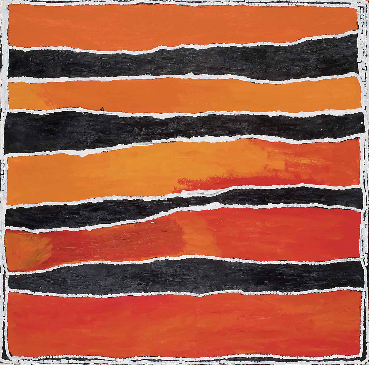 A square painting on canvas with horizontal uneven stripes in orange and black with thin white dividing lines. The orange stripes start as a medium tone at the top, and then yellow-orange in the central section and red-orange in the bottom part of the painting.  - click to view larger image