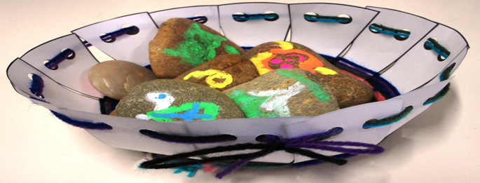 A completed basket holding several rocks with stories on them.