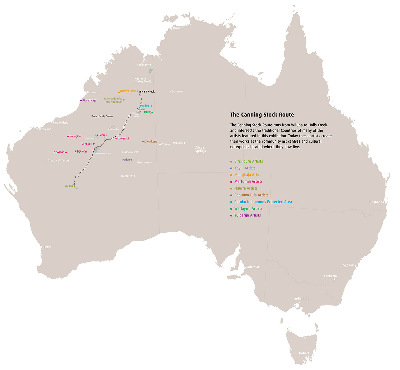 Map of Australia featuring The Canning Stock Route and a list of the artists.