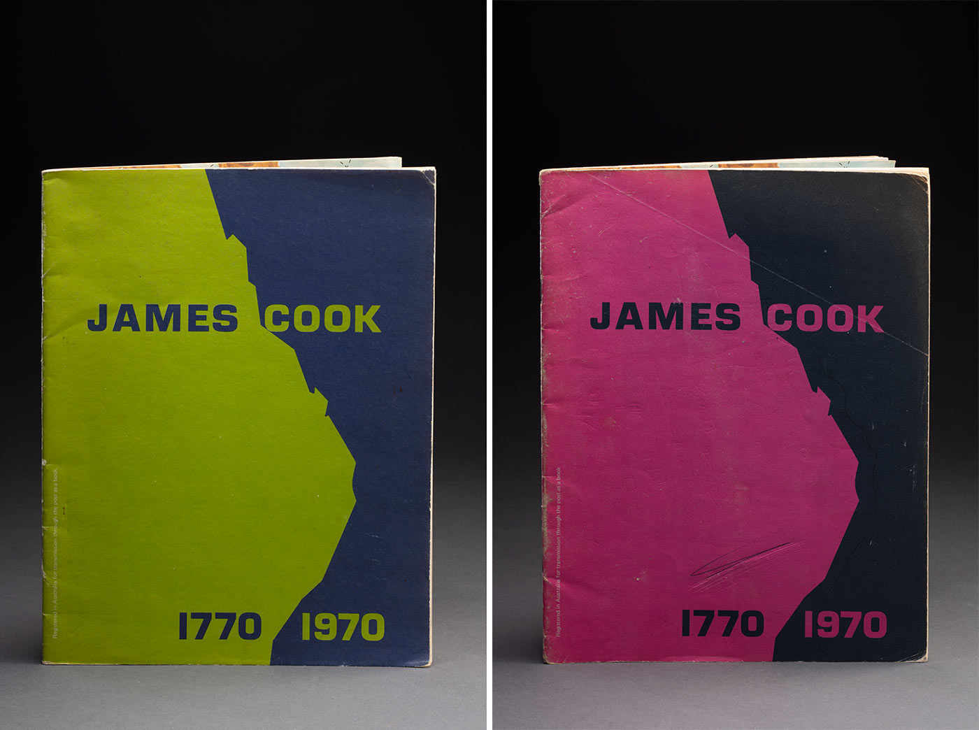 Image composite featuring on the left a booklet with a pink and dark grey cardboard cover and on the right is a booklet with a lime green and dark blue cardboard cover. Text on both covers reads 'JAMES COOK / 1770 1970'. - click to view larger image