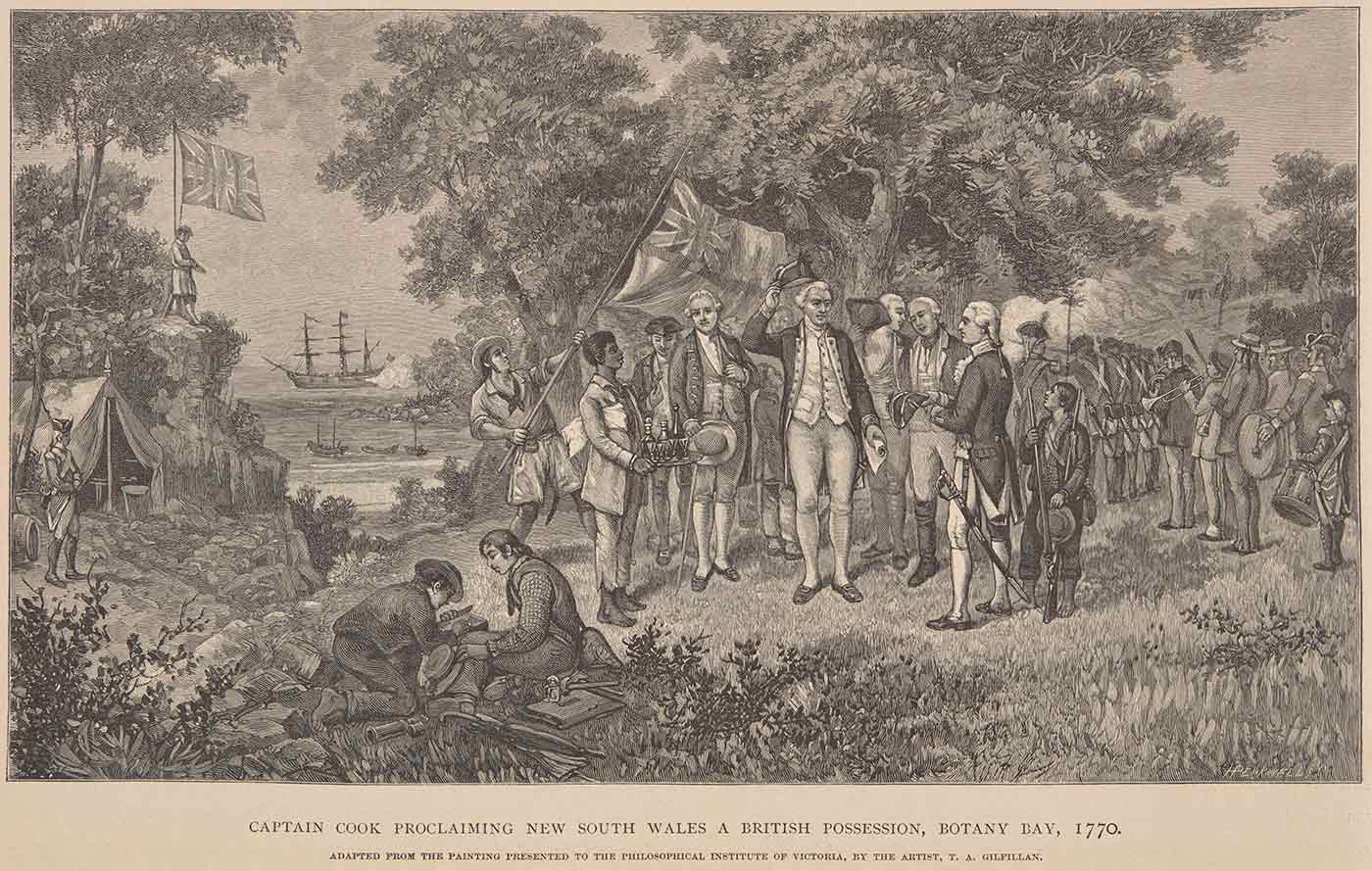 Illustration entitled Captain Cook Proclaiming New South Wales a British Possession, Botany Bay, 1770, from page 8 of Picturesque Atlas of Australasia. - click to view larger image