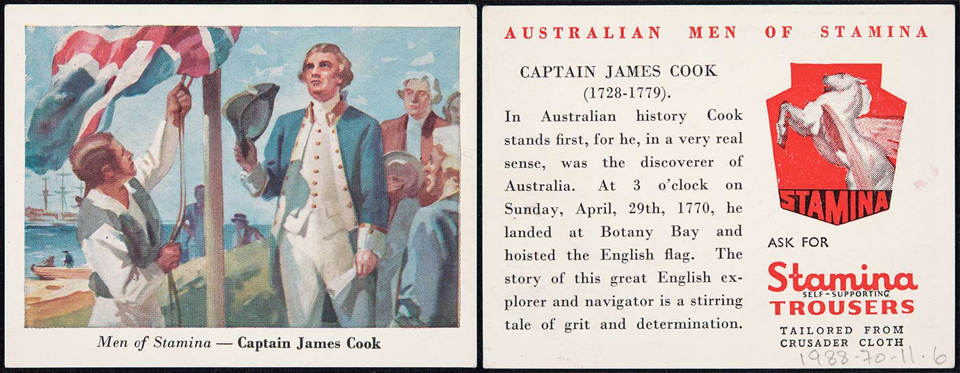 Compilation featuring on the left a swap card titled 'Men of Stamina - Captain James Cook'. It features colour picture of a man hoisting a Union Jack up a flag pole, with Captain Cook looking towards the flag, holding his hat in his right hand. On the right is a card with the title 