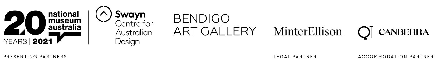 Logo block featuring: National Museum of Australia, Swayn Centre for Australian Design, Bendigo Art Gallery, MinterEllison, and QT Canberra.