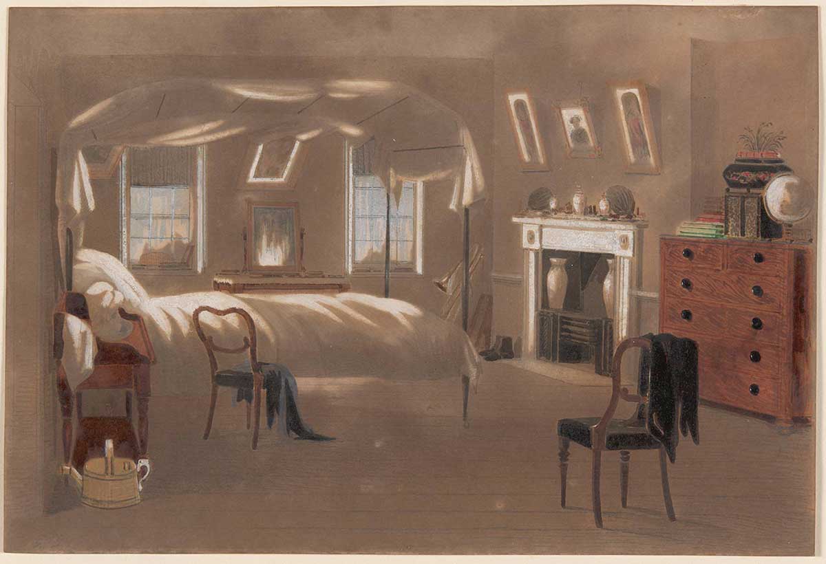 A watercolour painting in greys, browns and white with small sections of green, red and blue depicting an empty bedroom. The room includes a bed, two chairs, a fireplace, a set of drawers, a washing stand, and a vanity. Handwritten in pencil in the bottom left hand corner is 'S.T.G.'. - click to view larger image