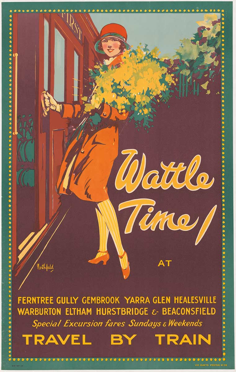 Poster featuring a woman holding a wattle bouquet and boarding a train. The title reads ' Wattle Time at ...' and lists destinations with further text that reads 'TRAVEL BY TRAIN'. - click to view larger image