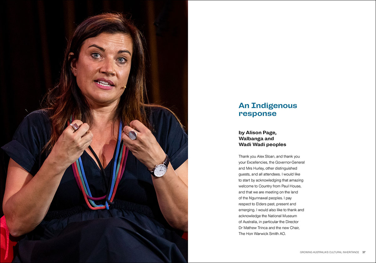 A publication spread featuring a woman in mid-speech. On the right is body text and the title 'An Indigenous Response'. - click to view larger image