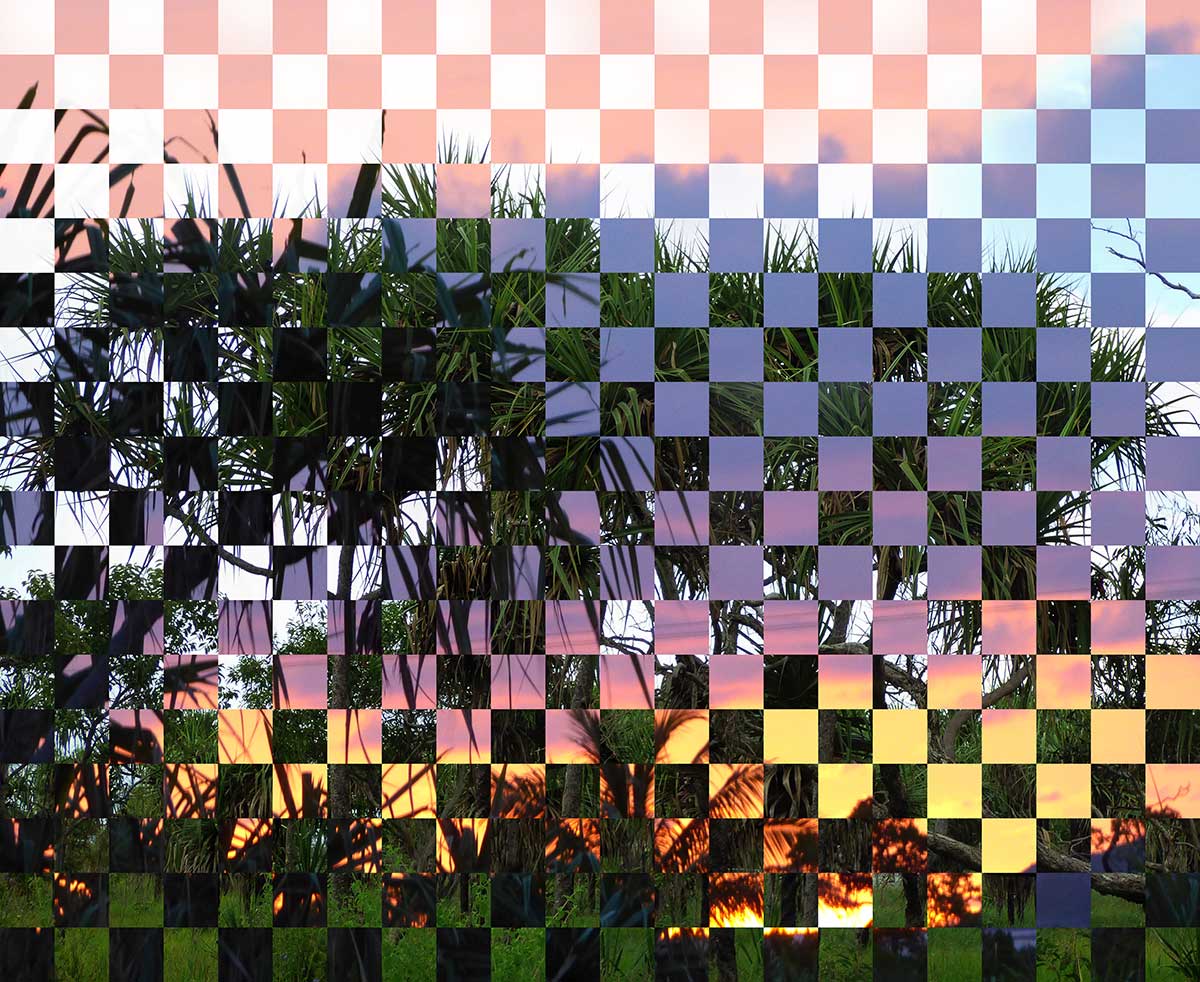 Artwork featuring two photographs rendered and abstracted by a checkered pattern. - click to view larger image