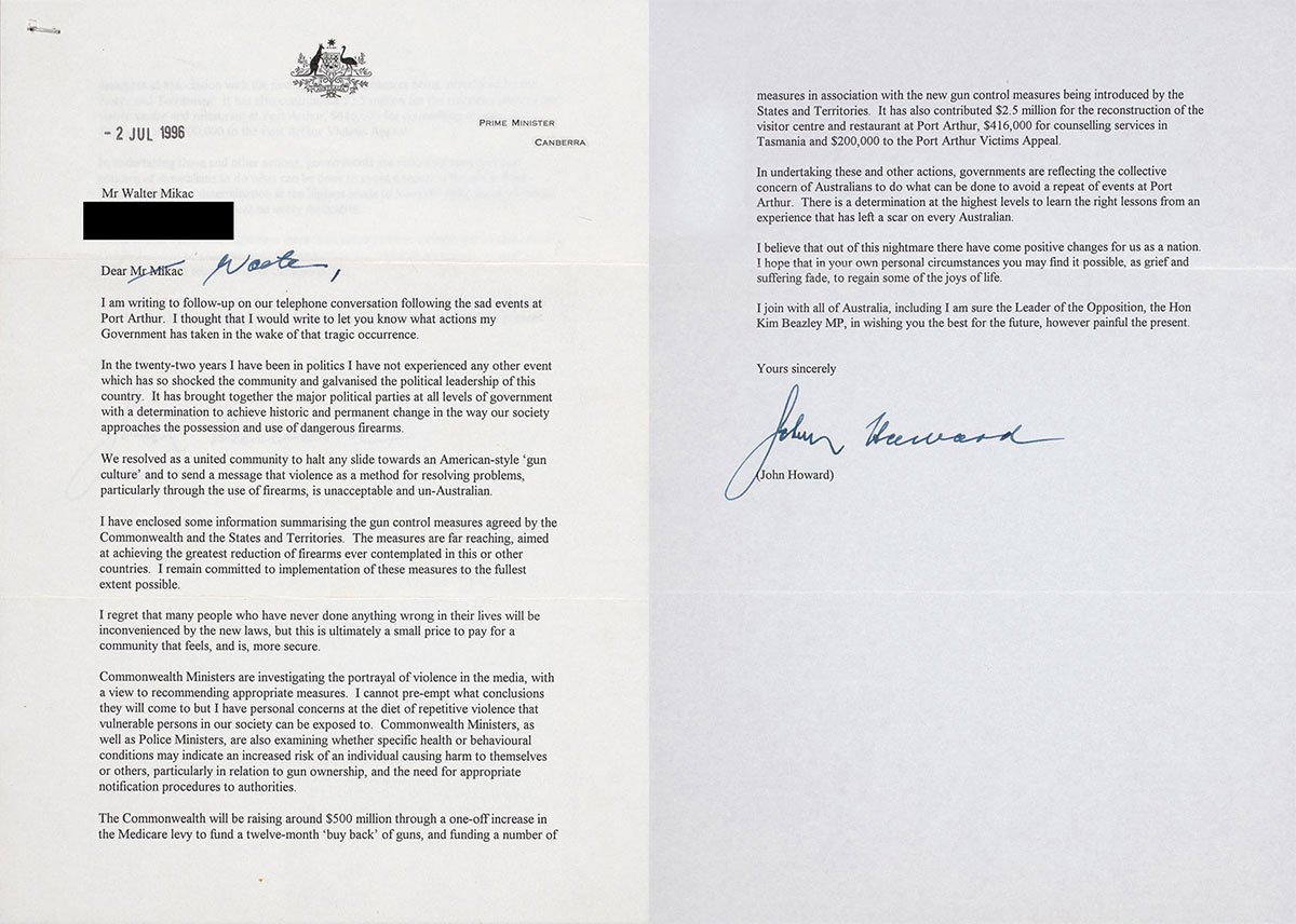 Two page typed letter on Australian Government stationery, from John Howard to Walter Mikac. - click to view larger image