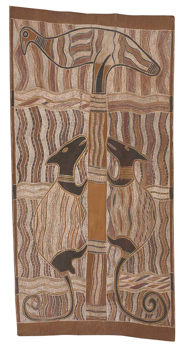 A bark painting worked with ochres on bark. It depicts two possums climbing a tree at the top of which is a bird. The possums have crosshatched bodies with black heads, feet and tails. The bird and the and background are decorated in crosshatched striped patterns. - click to view larger image