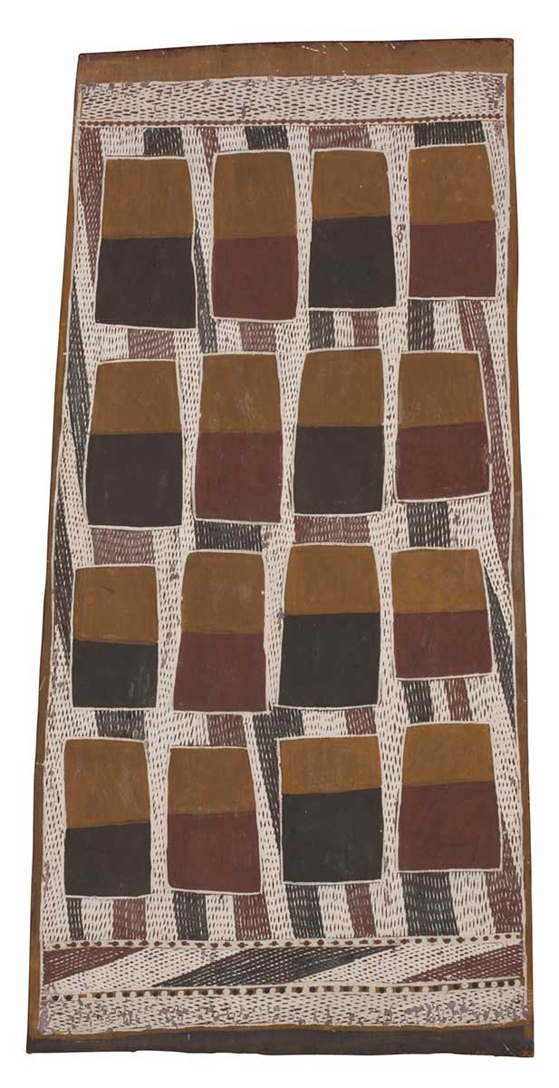 A bark painting worked with ochres on bark. It depicts sixteen rectangles arranged in four rows of four. Each rectangle is half yellow with the other half alternating in colours of red or black. The rectangles are set against vertical crosshatched stripes of white, red and black with a crosshatched band at either end of the painting. - click to view larger image