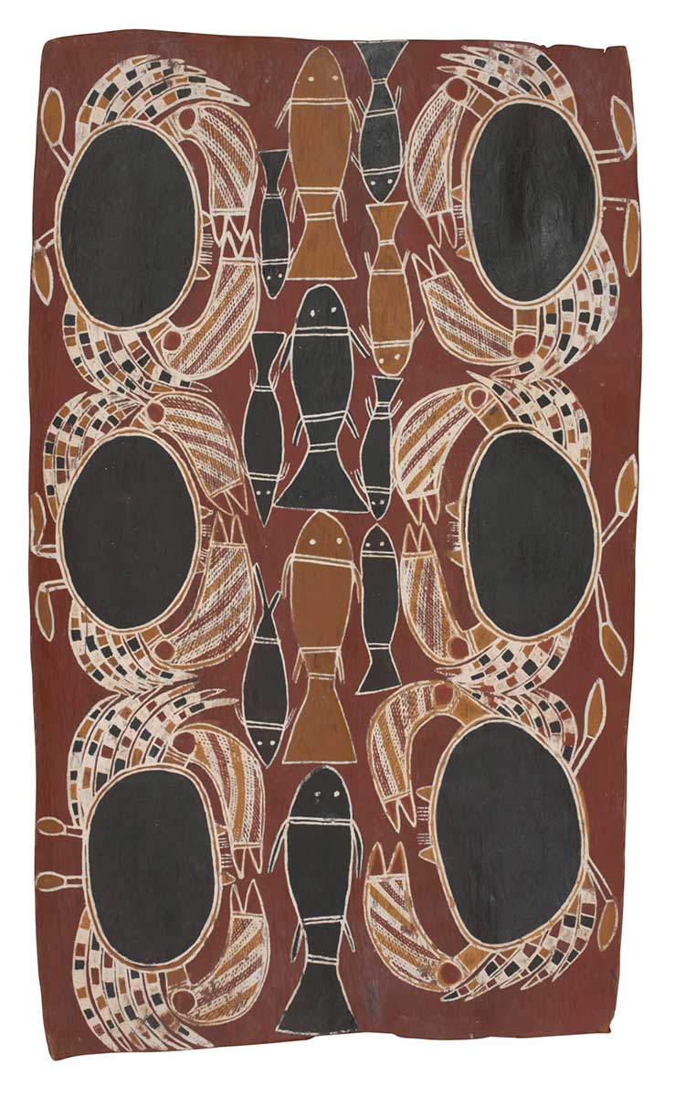 A bark painting worked with ochres on bark. It depicts six crabs with black shells and crosshatched claws in bands of colour. Between the rows of crabs thre are four large fish, two painted in yellow and two painted in black and six smaller black fish and one smaller yellow fish. The background in painted in red. - click to view larger image