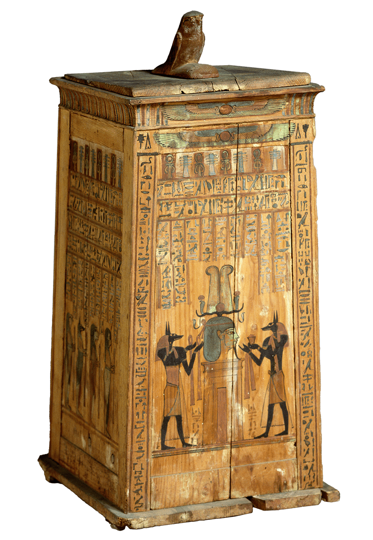 A tall, square painted wooden container with a bird adorning the lid.
