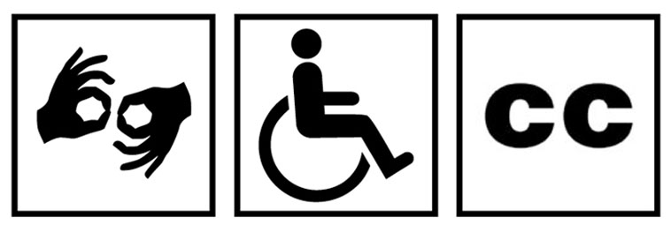 Three accessibility symbols, the symbol on the left is the Auslan symbol. The symbol in the middle is the wheelchair accessibility symbol and the symbol on the right is close cpations.