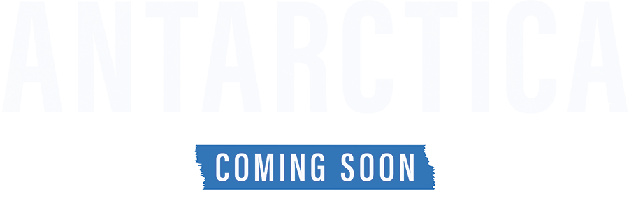 'Antarctica' text in white, with a blue tag saying 'coming soon' underneath.