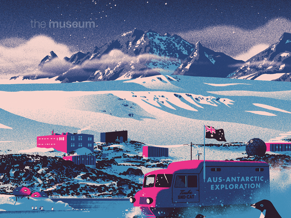 An illustration of an Antarctic scene by Timba Smits, an oversnow vehicle with an Australian flag in the foreground, with buildings, snow and rocky mountains in the distance.