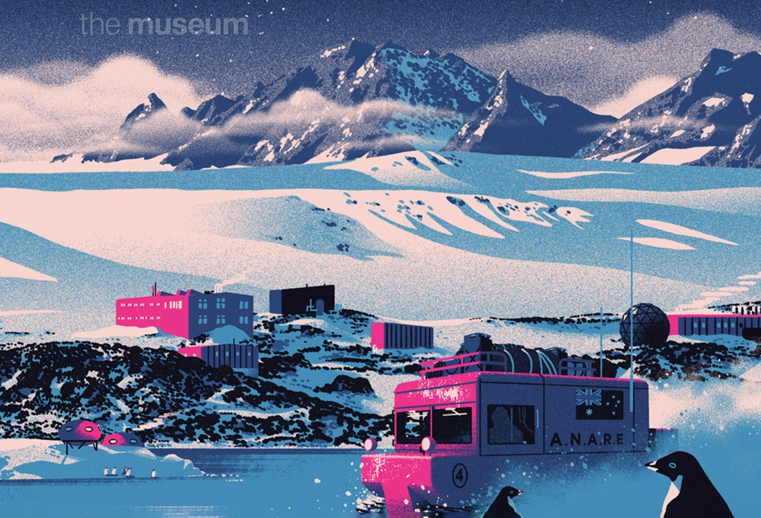 An illustration of an Antarctic scene by Timba Smits, an oversnow vehicle with an Australian flag in the foreground, with buildings, snow and rocky mountains in the distance.