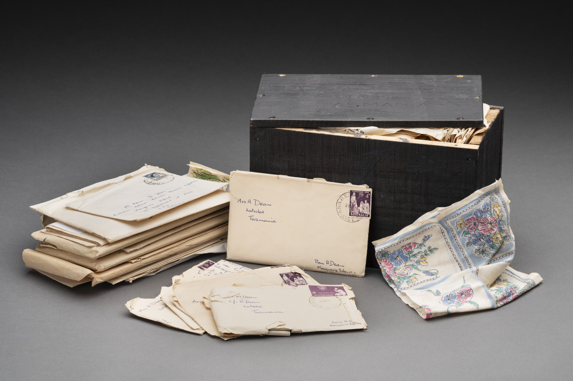 Box of letters, cards and personal items compiled by Adrian Dean, Macquarie Island, 1959