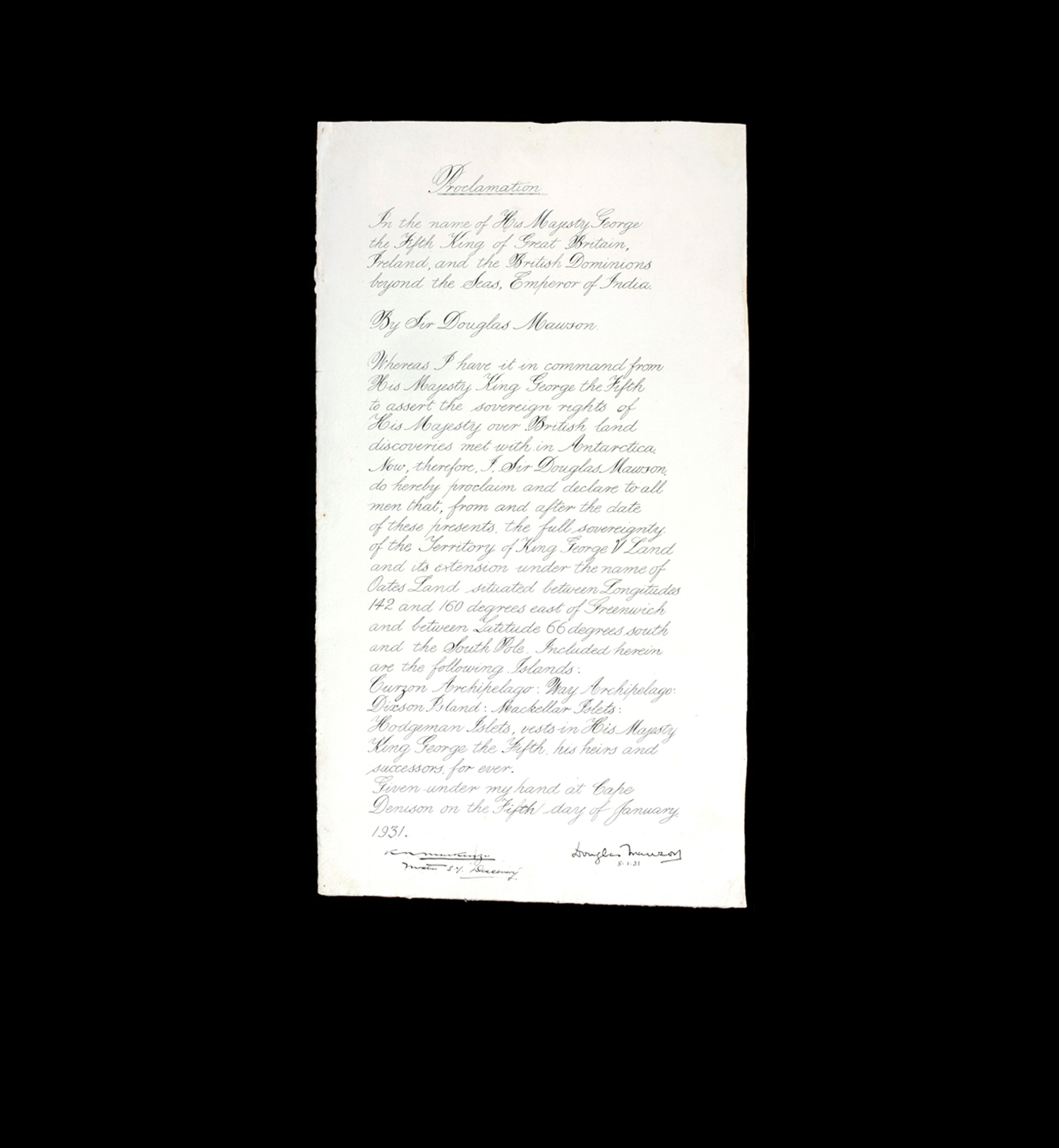 Proclamation of British sovereignty over King George V Land (Antarctica), signed by Sir Douglas Mawson, 5 January 1931