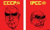Illustration of red propaganda-style posters with Robert Menzies' portrait under 'CCCP' (Central Committee of the Communist Party) and John Howard's under 'IPCC' (Intergovernmental Panel on Climate Change).