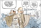 Cartoon of a Messiah-like John Howard with disciples Peter Costello and Tony Abbott, who try to keep the sick at bay as they ask Howard to perform miracles on the rail network and schools, similar to his miracles in marginal seats.