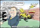 Cartoon of Peter Costello telling the media that the economy is like a finely calibrated racing car and you wouldn't put an irresponsible risk-taker behind the wheel. In the background the wheels are falling off a racing car that Howard has crashed into a wall. 