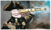 Cartoon of John Howard dressed in naval uniform, looking through a telescope which is facing the wrong way. The telescope is labelled 'Vision for Australia'.