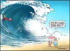 Cartoon showing Kevin Rudd as Tin Tin, surfing a giant wave about to crash on a beach where John Howard and Peter Costello warn 'The end is nigh!' and 'Only we can save you from the terrible tsunami disaster about to destroy us all'.