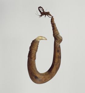 Large fishhook made of brown hardwood with the point made of mother-of-pearl that is secure with plaited coconut fibres.