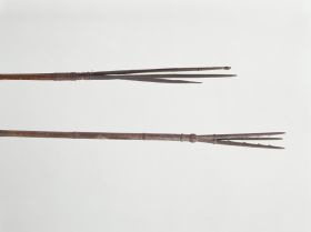 Fishing spears made of a dark brown bamboo tube, with a three-part point made of a dark wood at the ends, attached with finely plaited coconut fibres.