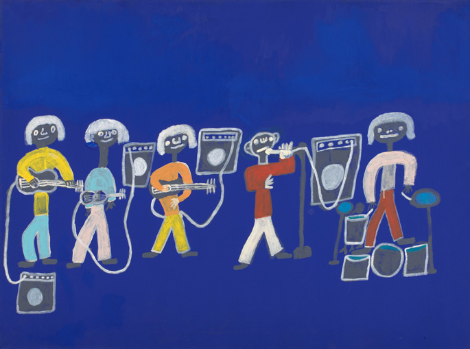 An acrylic painting on canvas showing five musicians with instruments, against a bright blue background. - click to view larger image
