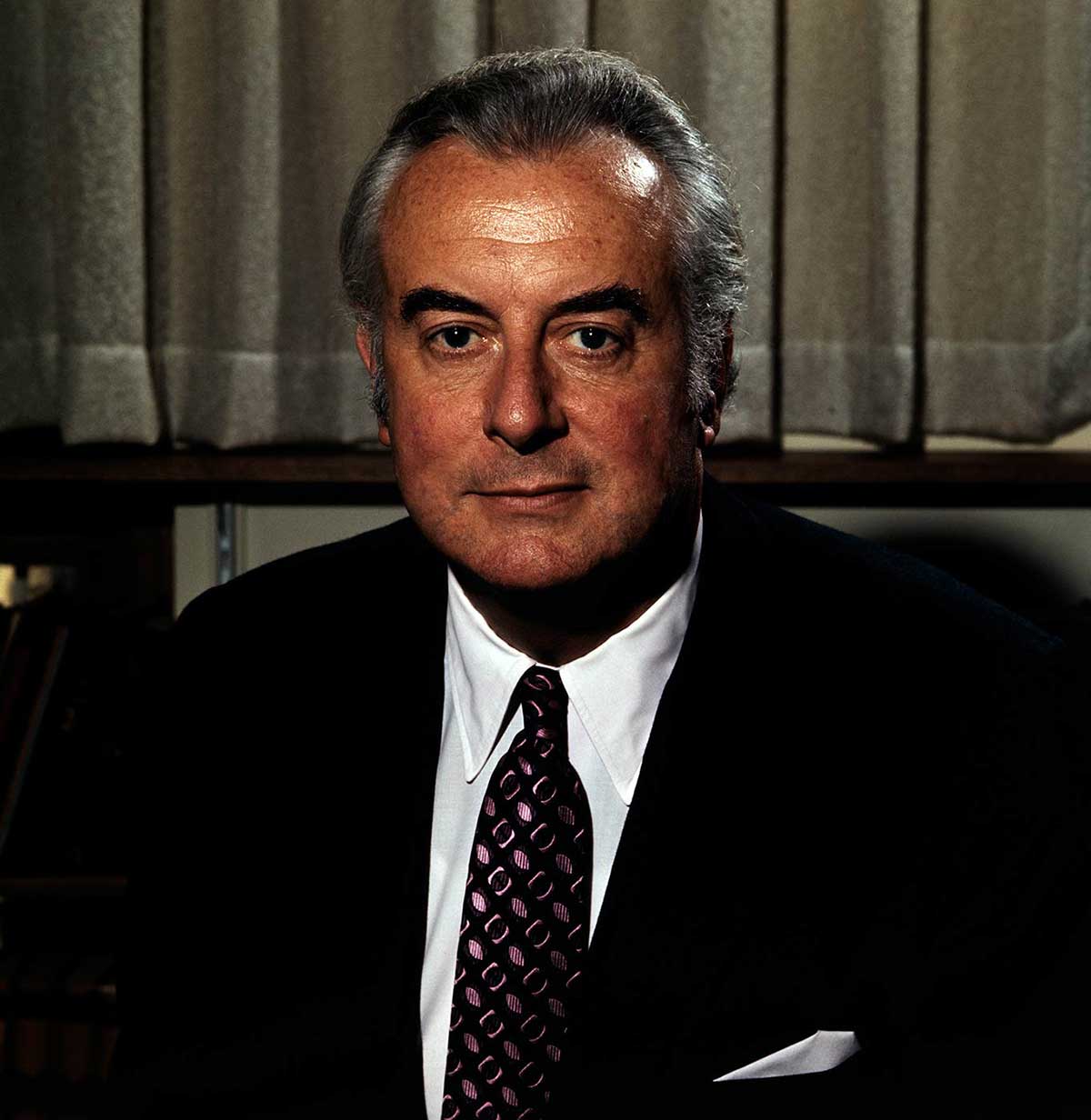 Black and white portrait photo of Gough Whitlam. - click to view larger image