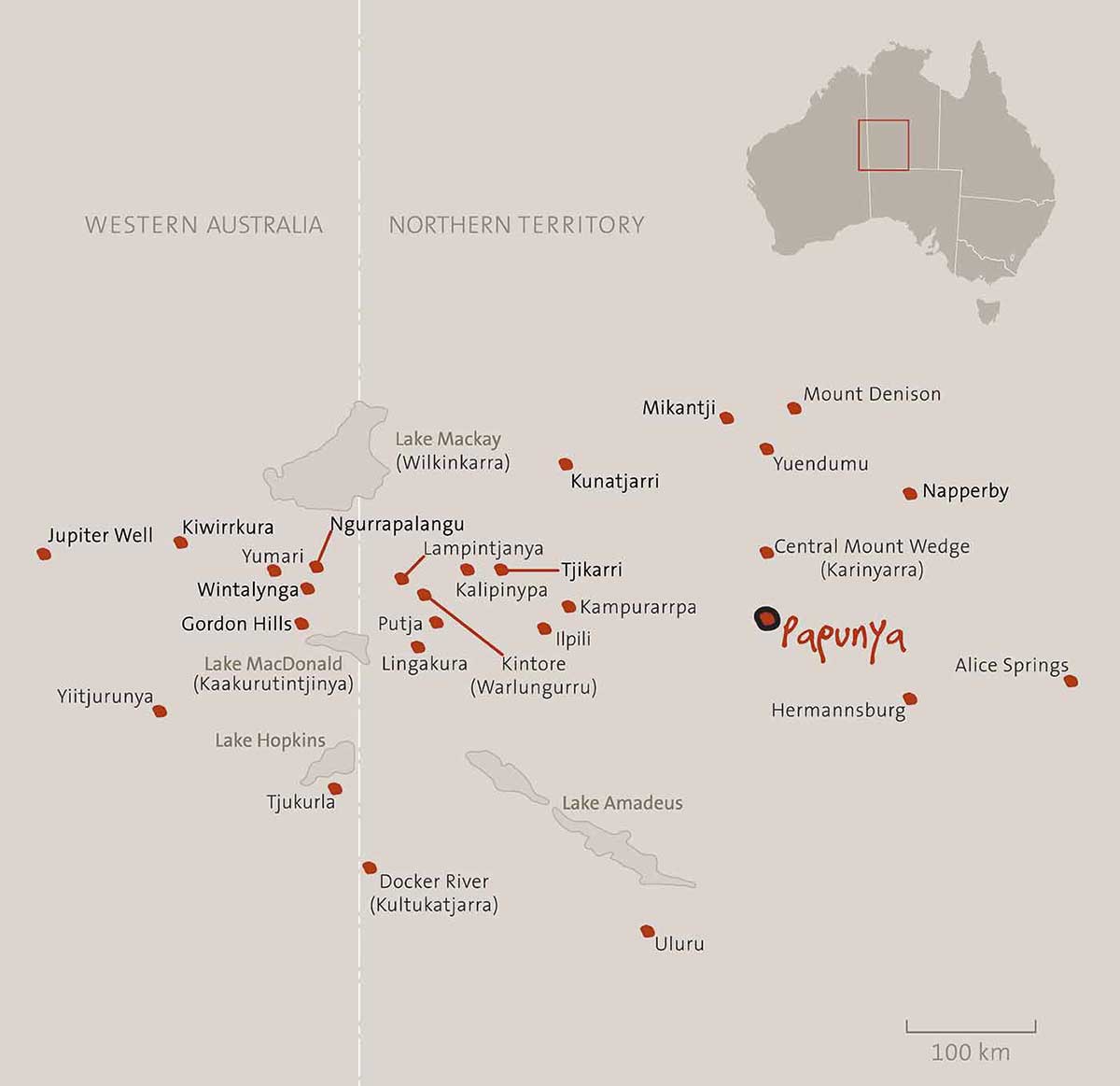 Map shows Papunya and surrounding locations in south-western Northern Territory.