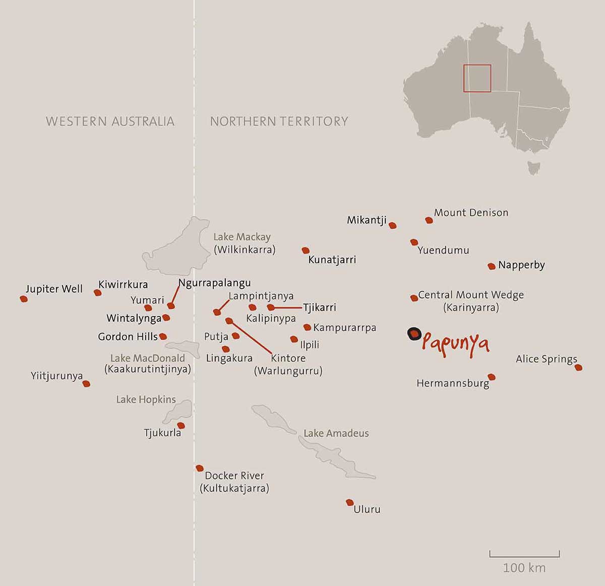 map shows Papunya and surrounding locations in south-western Northern Territory