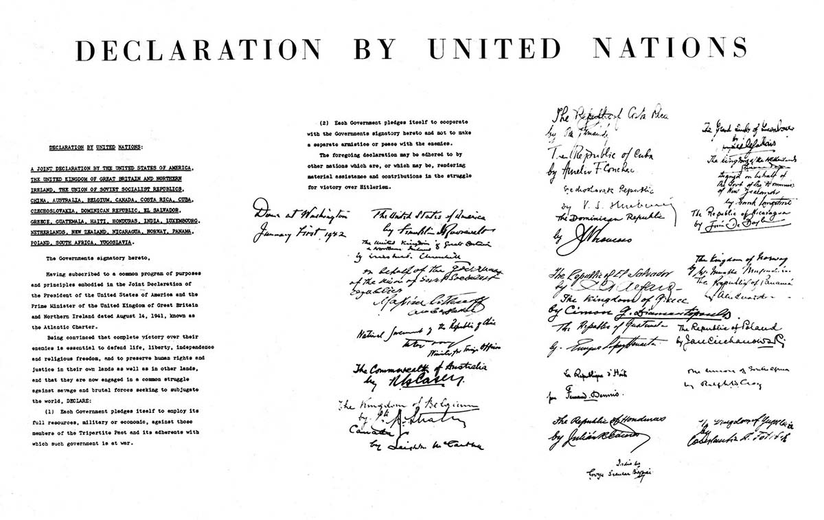 Document entitled ‘Declaration by United Nations’ with several paragraphs of typed text and 26 signatures.