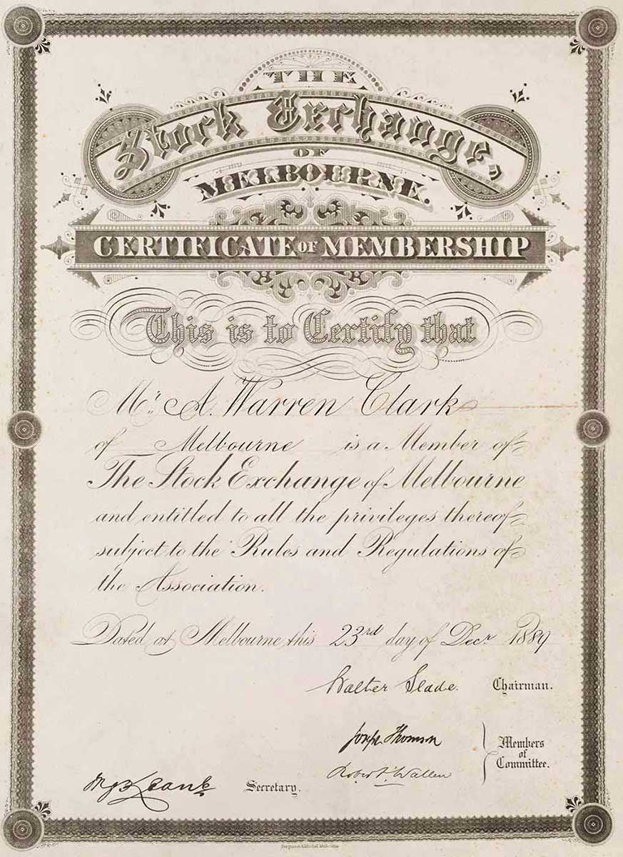 Document with ornate calligraphy, stating ‘The Stock Exchange of Melbourne – Certificate of Membership’ etc. - click to view larger image