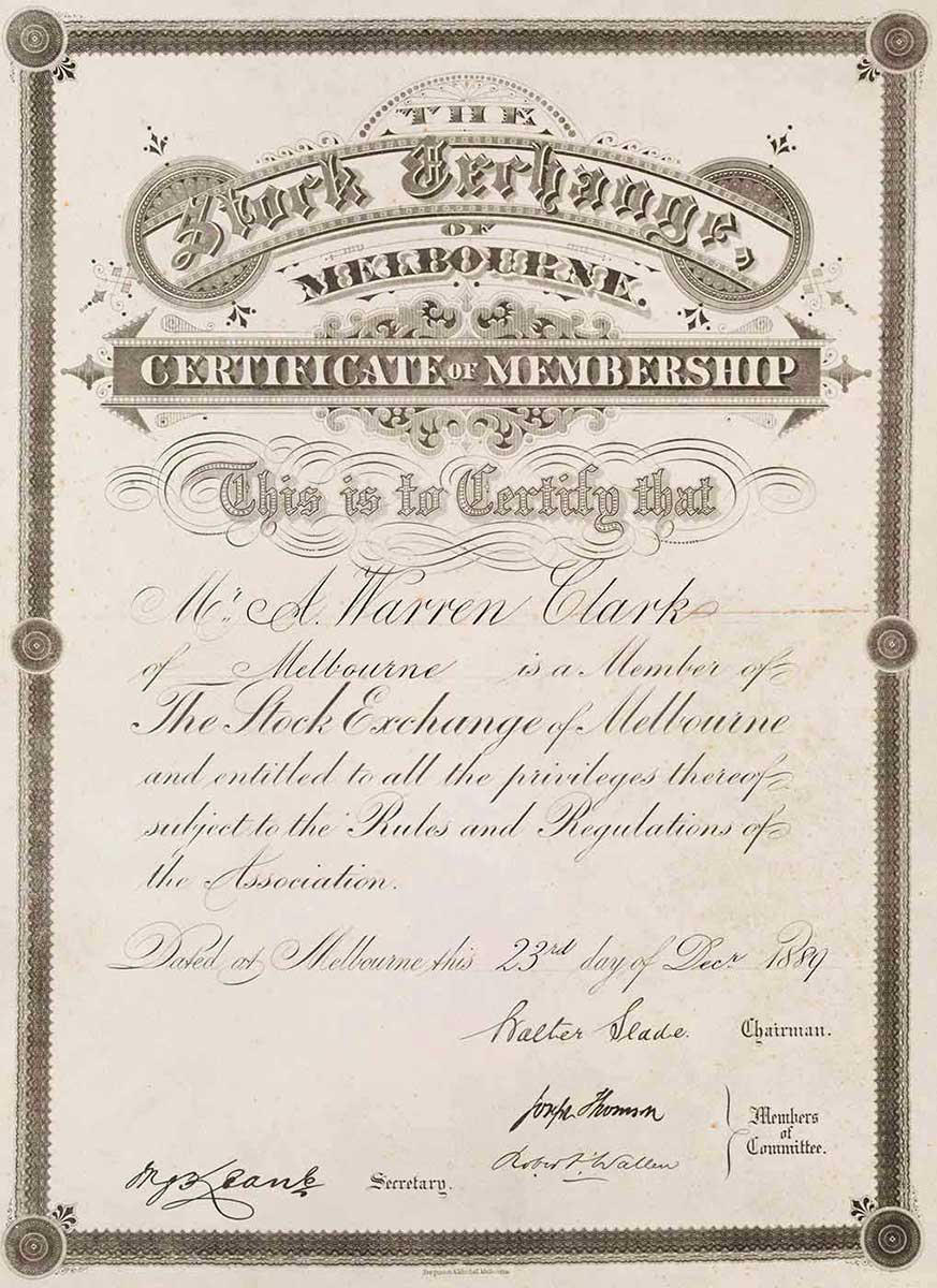 Document with ornate calligraphy, stating ‘The Stock Exchange of Melbourne – Certificate of Membership’ etc - click to view larger image