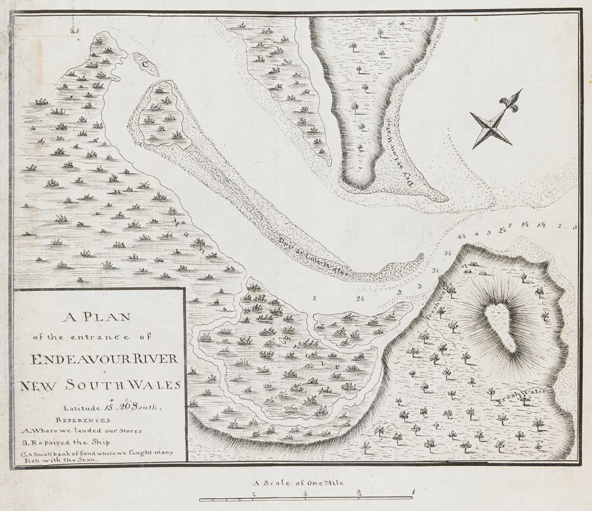 Map showing the estuary of the Endeavour River. It’s title is A plan of the entrance of Endeavour River, New south Wales. Latitude 15’ 26” South. References. A. Where we landed our stores. B Repaired the Ship. C A small bank of Sand where we caught many fish with the [seine net].