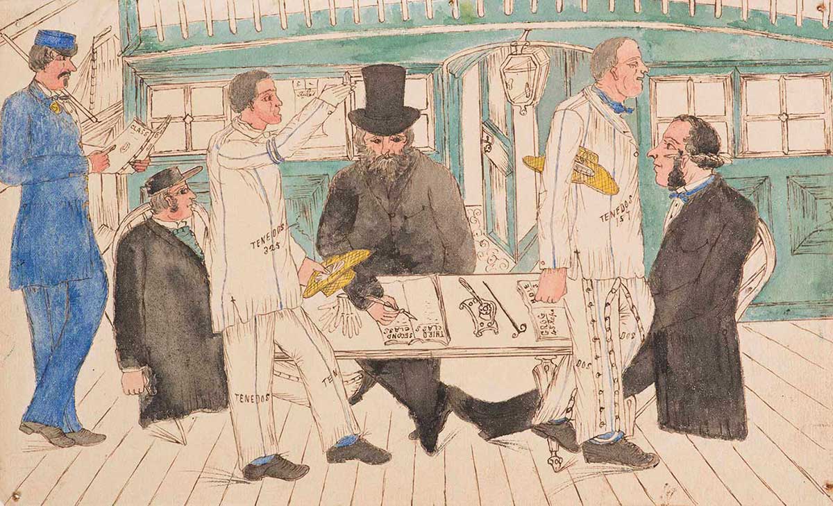 Convicts walk past a desk, possibly on the deck of a ship, where men in frock coats sit.