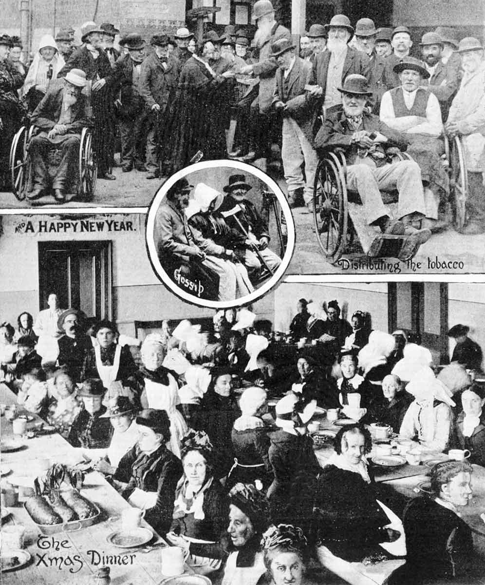Composition of three photos showing inmates queueing for tobacco, and having Christmas dinner. - click to view larger image