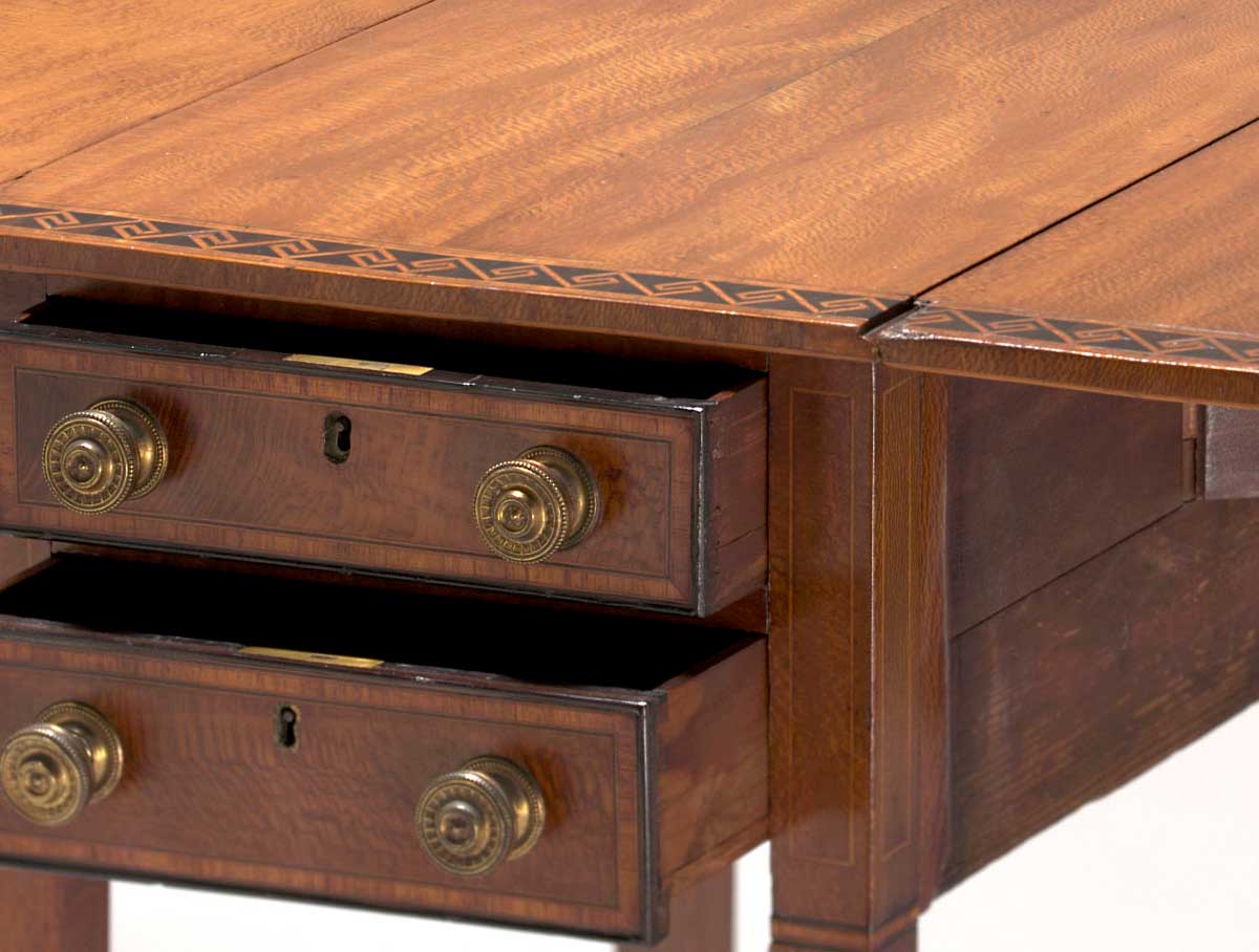 Detail showing part of First Fleet table drawer and two-tone tulipwood inlay. - click to view larger image