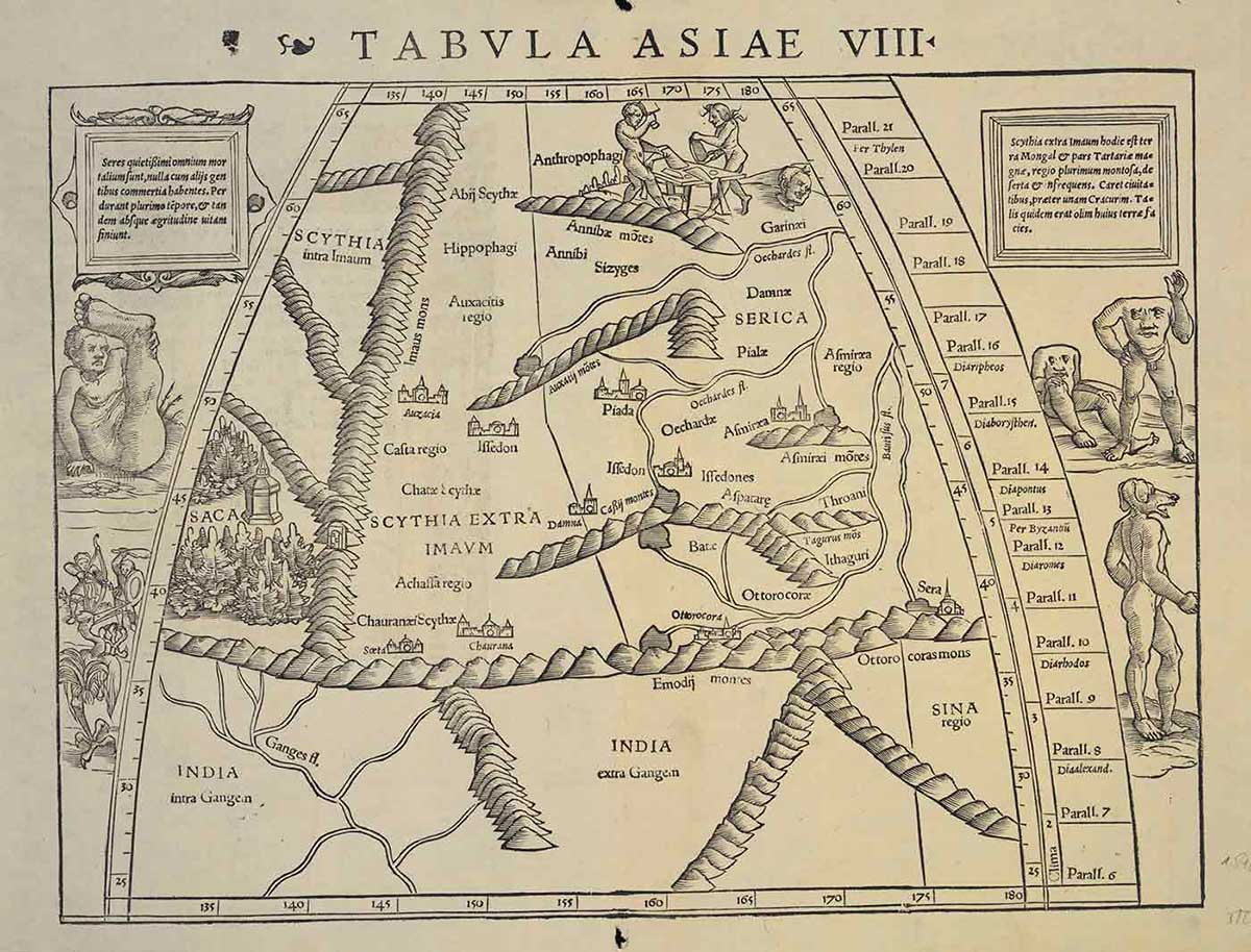 Black and white map of India and Central Asia reproduced around 1540, 'Tabula Asiae VIII'.